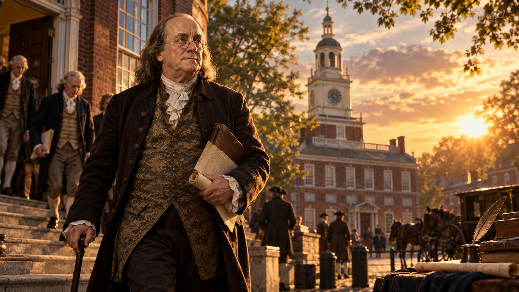 Benjamin Franklin as he exits the Constitutional Convention in 1787
