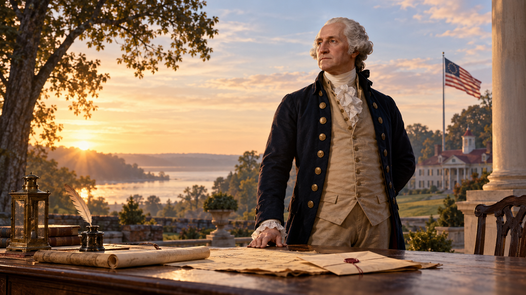 George Washington, reflecting on civic virtue and the duty of self-goverment (AI-generated illustration)