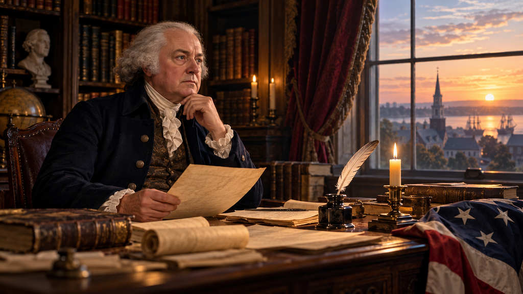 John Adams as he writes (AI-generated illustration)